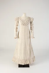 White woven cotton frock with red and blue fleck, 1816